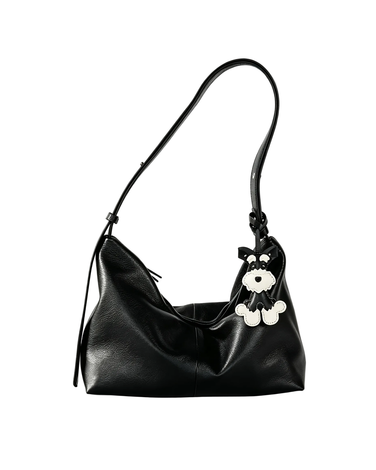 Black leather hobo bag with cute dog charm, adjustable shoulder strap, stylish women daily handbag