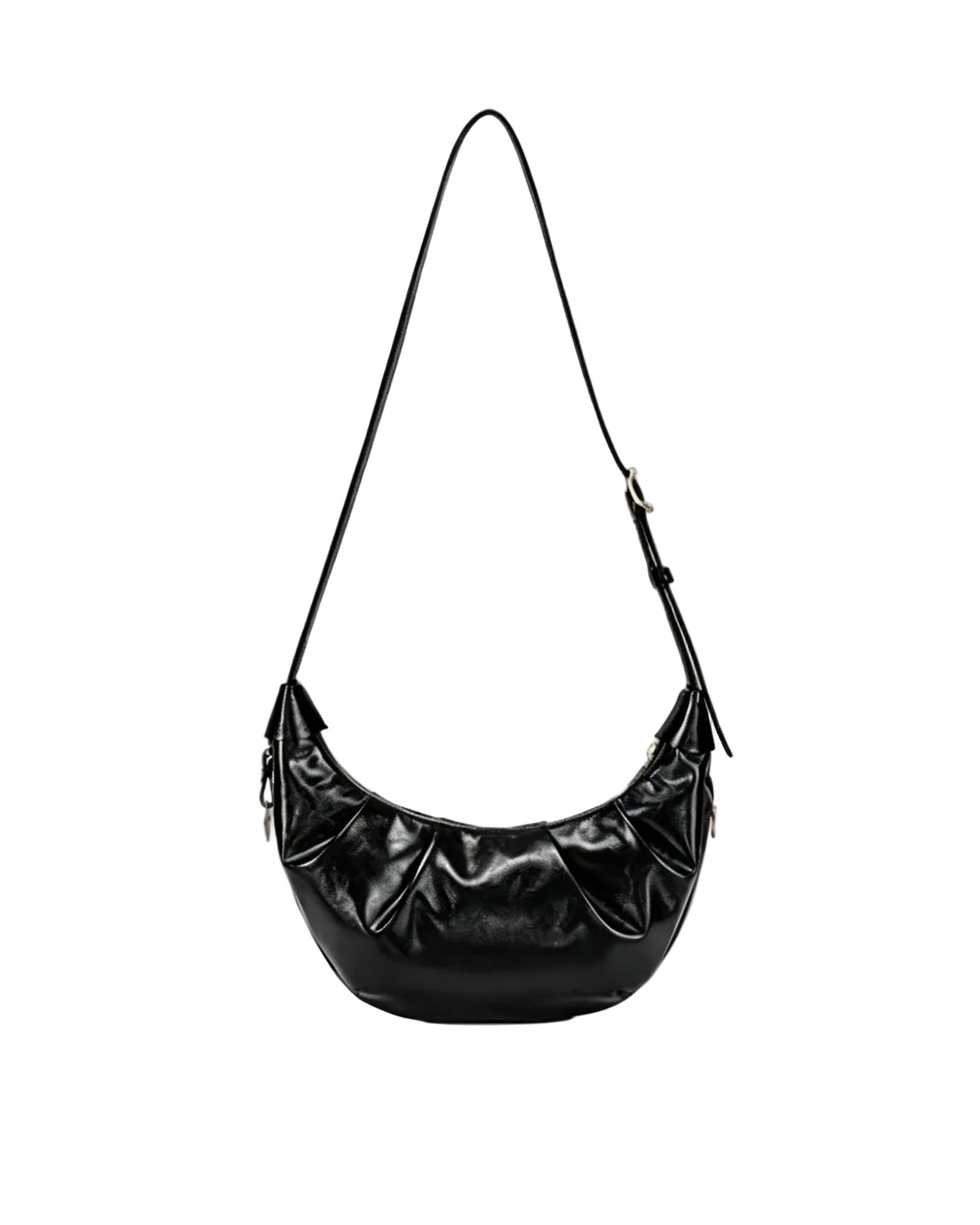 Black pleated crescent shoulder bag with adjustable strap