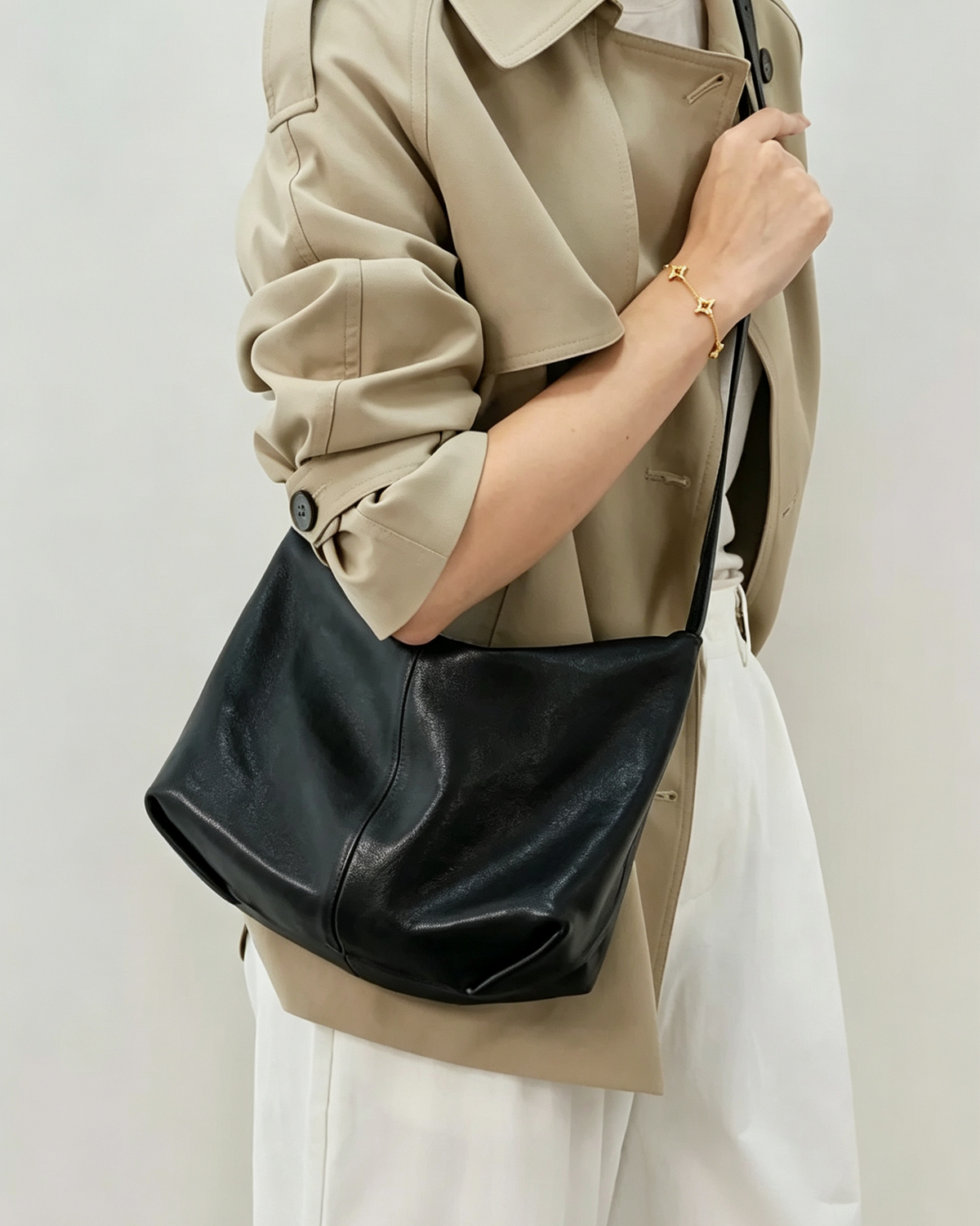 Black genuine sheepskin crossbody tote bag, women office outfit with adjustable shoulder strap