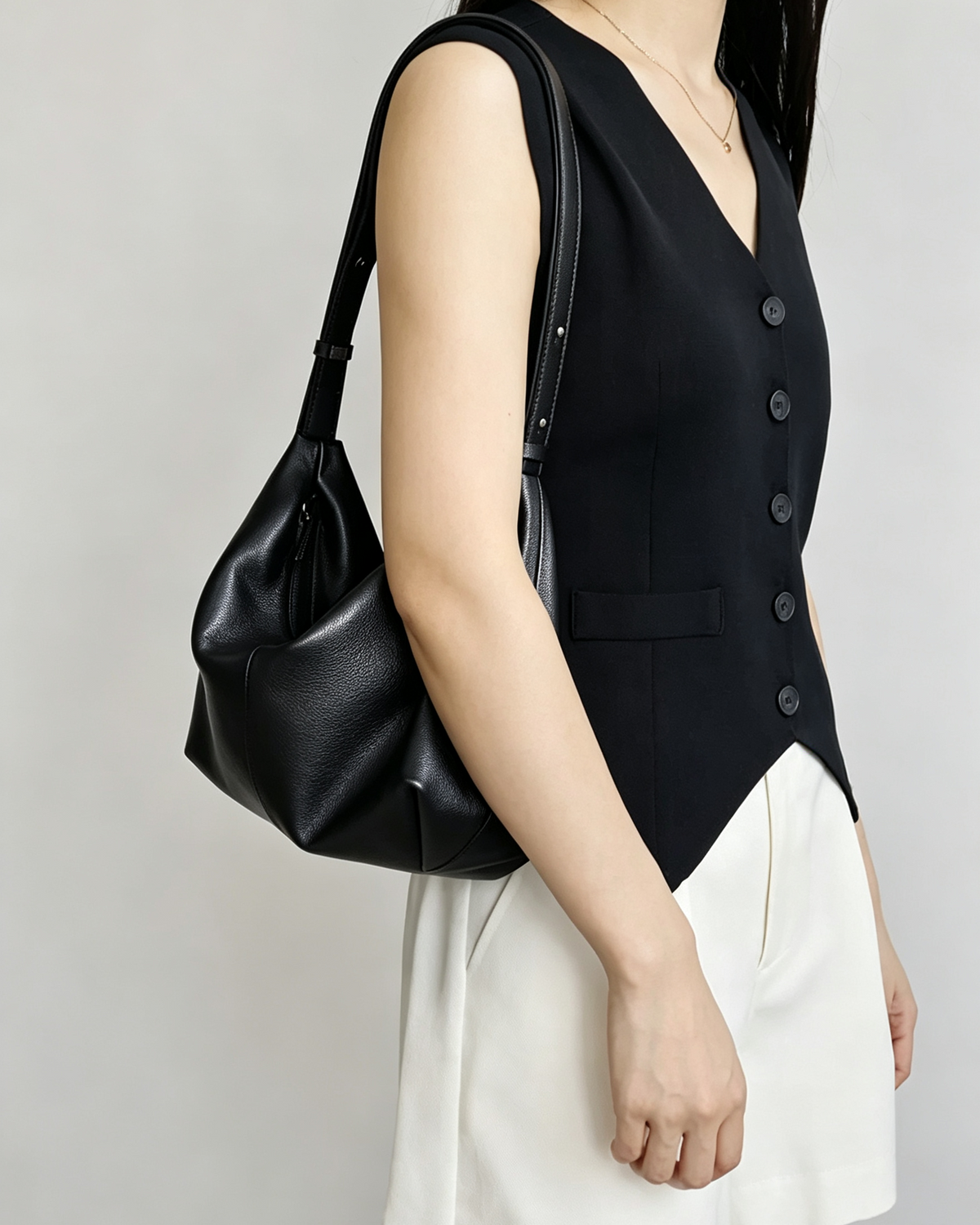 Grain leather black hobo shoulder bag, minimalist casual everyday women handbag, all‑match style