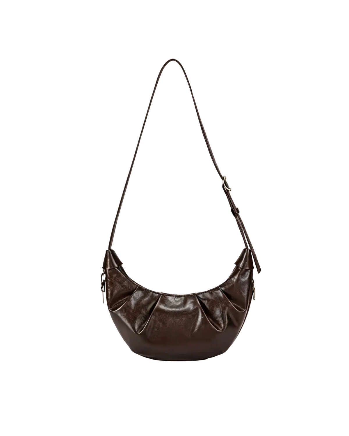 Brown pleated crescent shoulder bag with adjustable strap