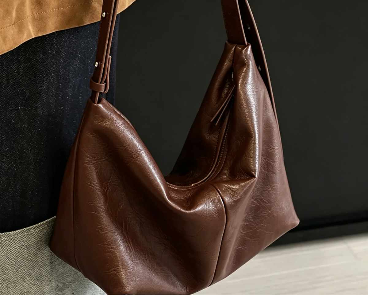 Coffee brown genuine sheepskin tote bag, soft leather crossbody shoulder bag for office women