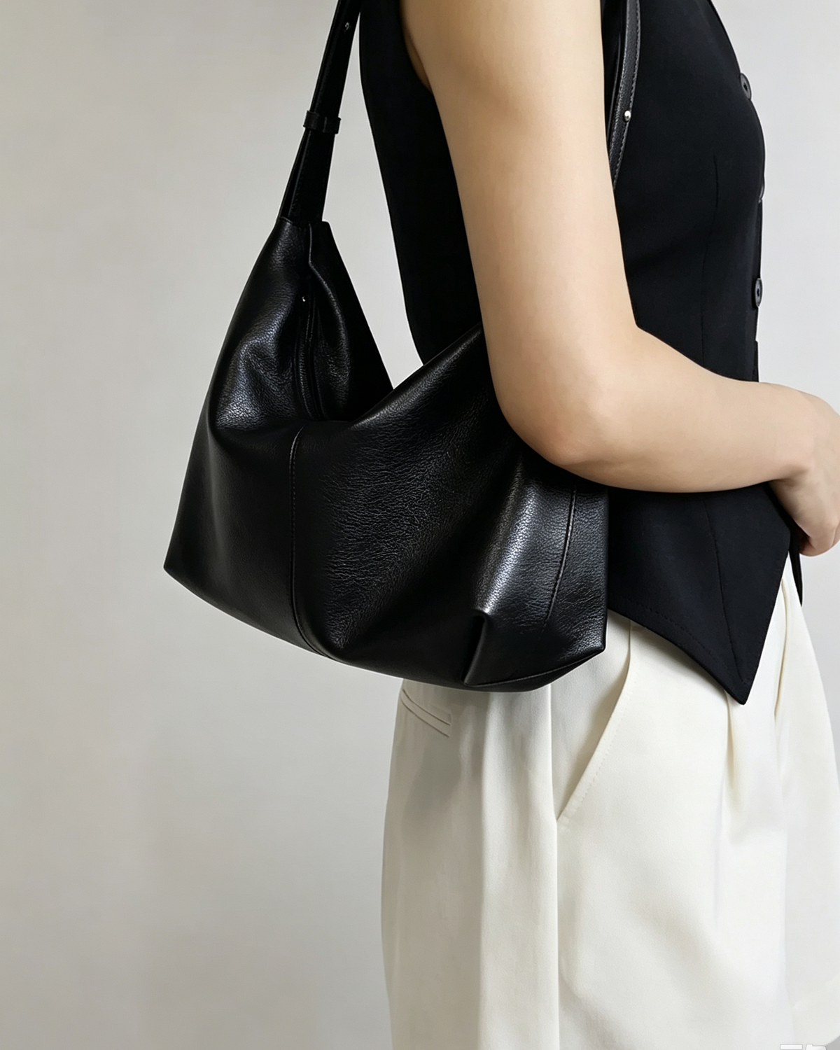 Grain leather black hobo shoulder bag, minimalist casual everyday women handbag, all‑match style