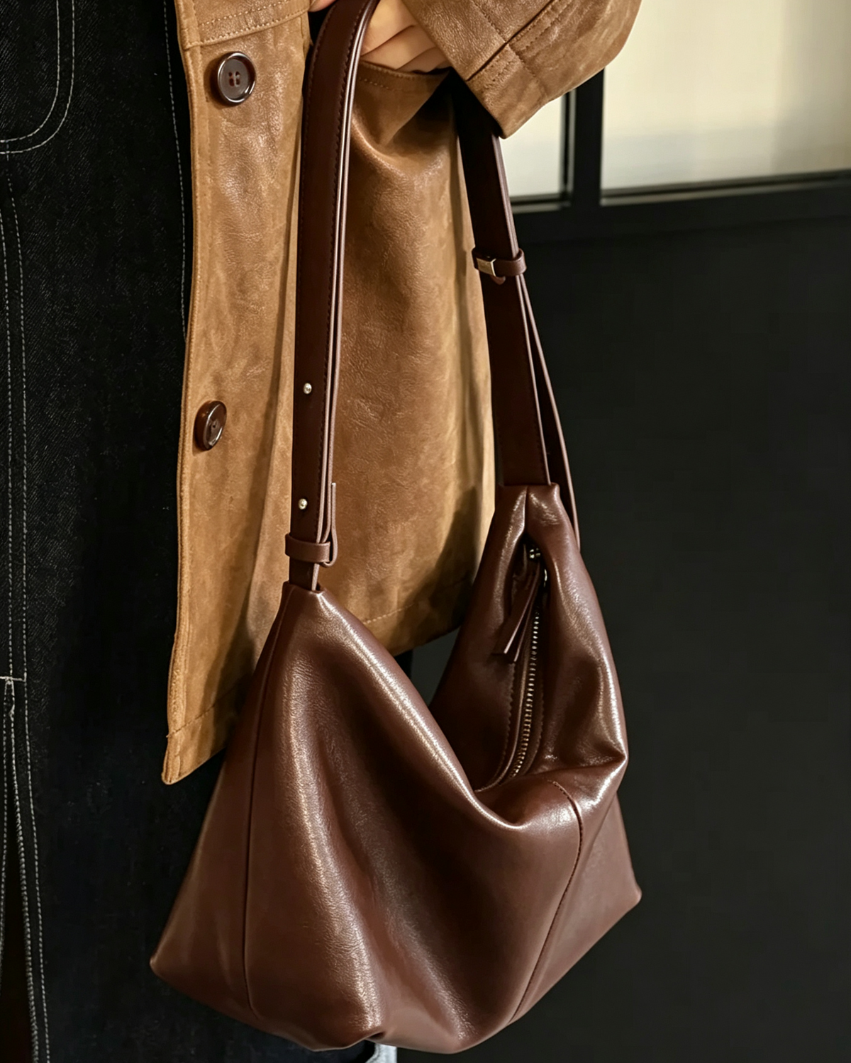 Soft genuine sheepskin tote bag coffee, casual office women leather shoulder bag