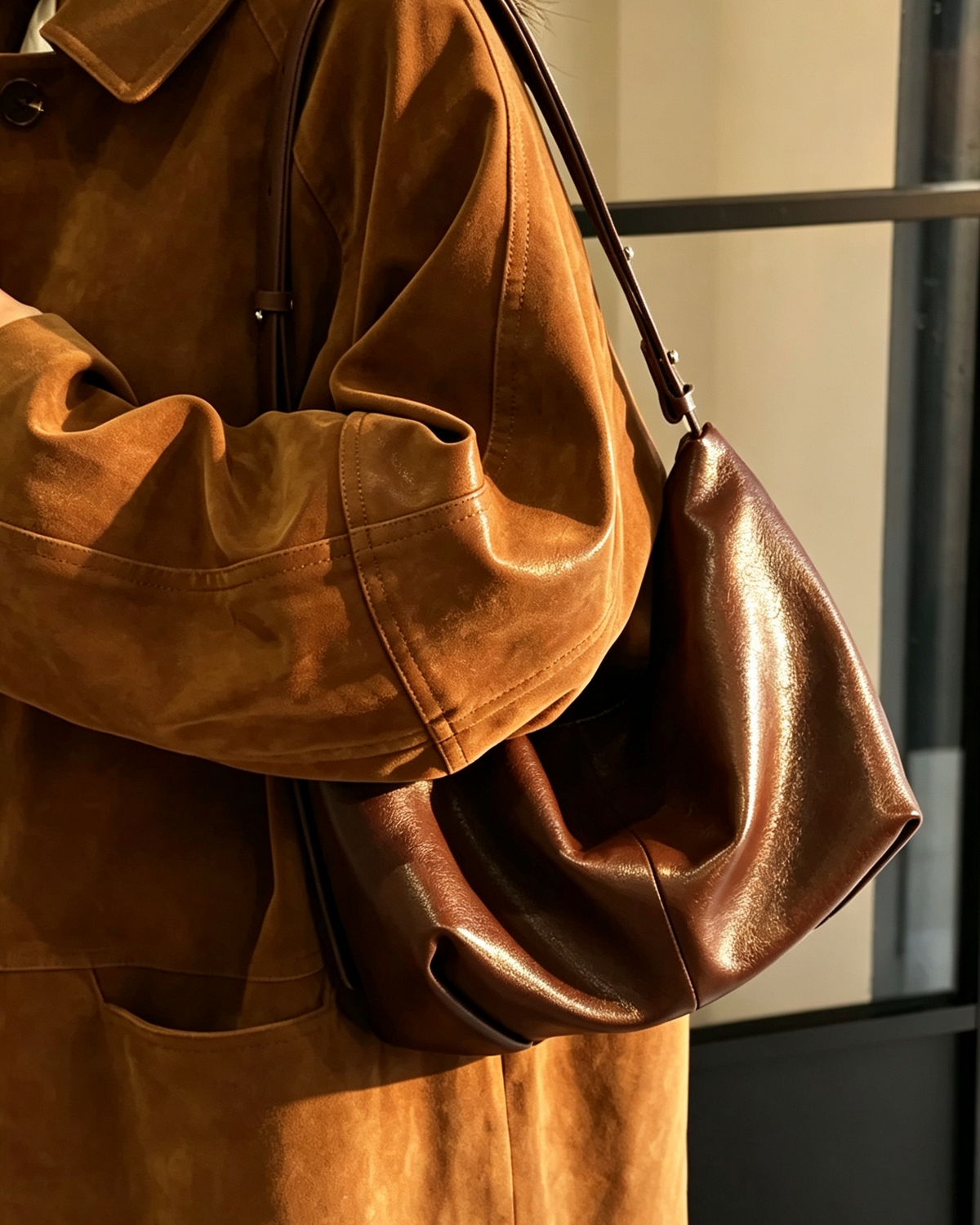 Coffee brown genuine sheepskin tote bag, adjustable strap leather hobo crossbody bag