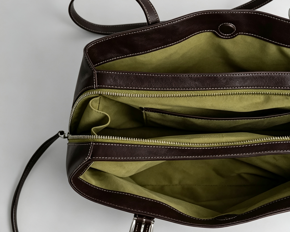 Three-compartment interior of the Mercer leather work tote