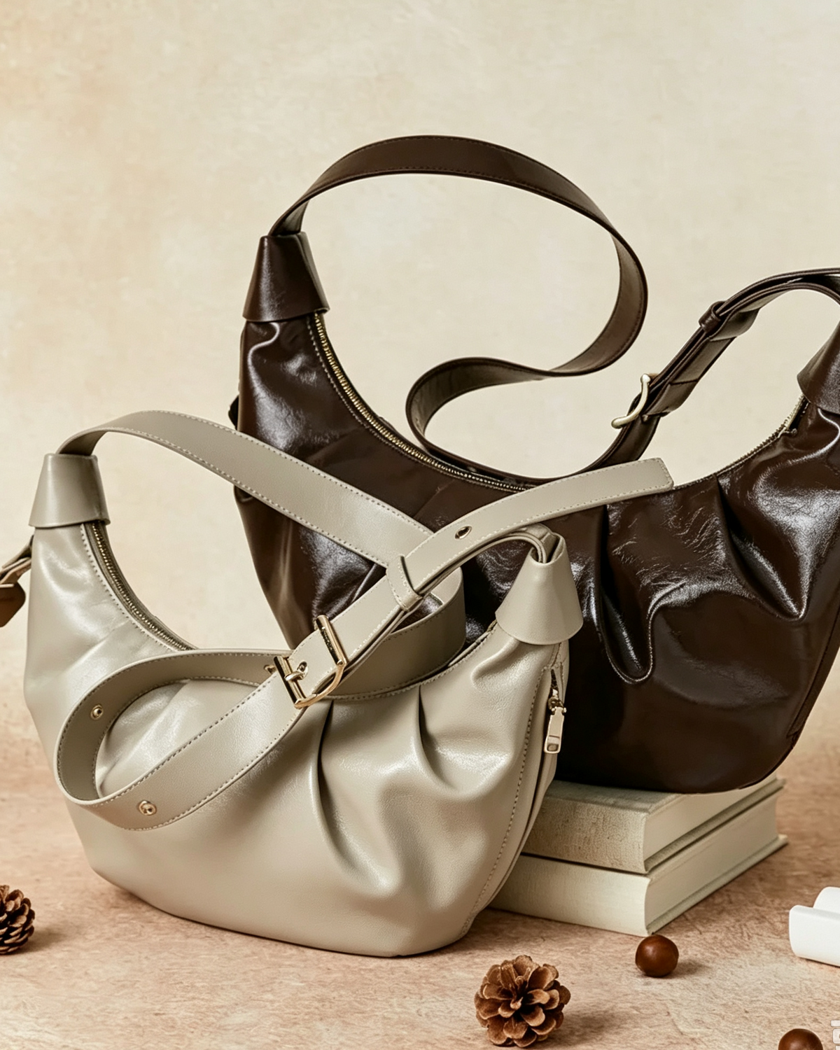 Brown crescent shoulder bag styled with everyday essentials