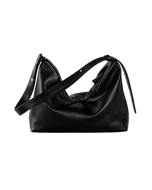 Grain leather black hobo shoulder bag, minimalist casual everyday women handbag, all‑match style