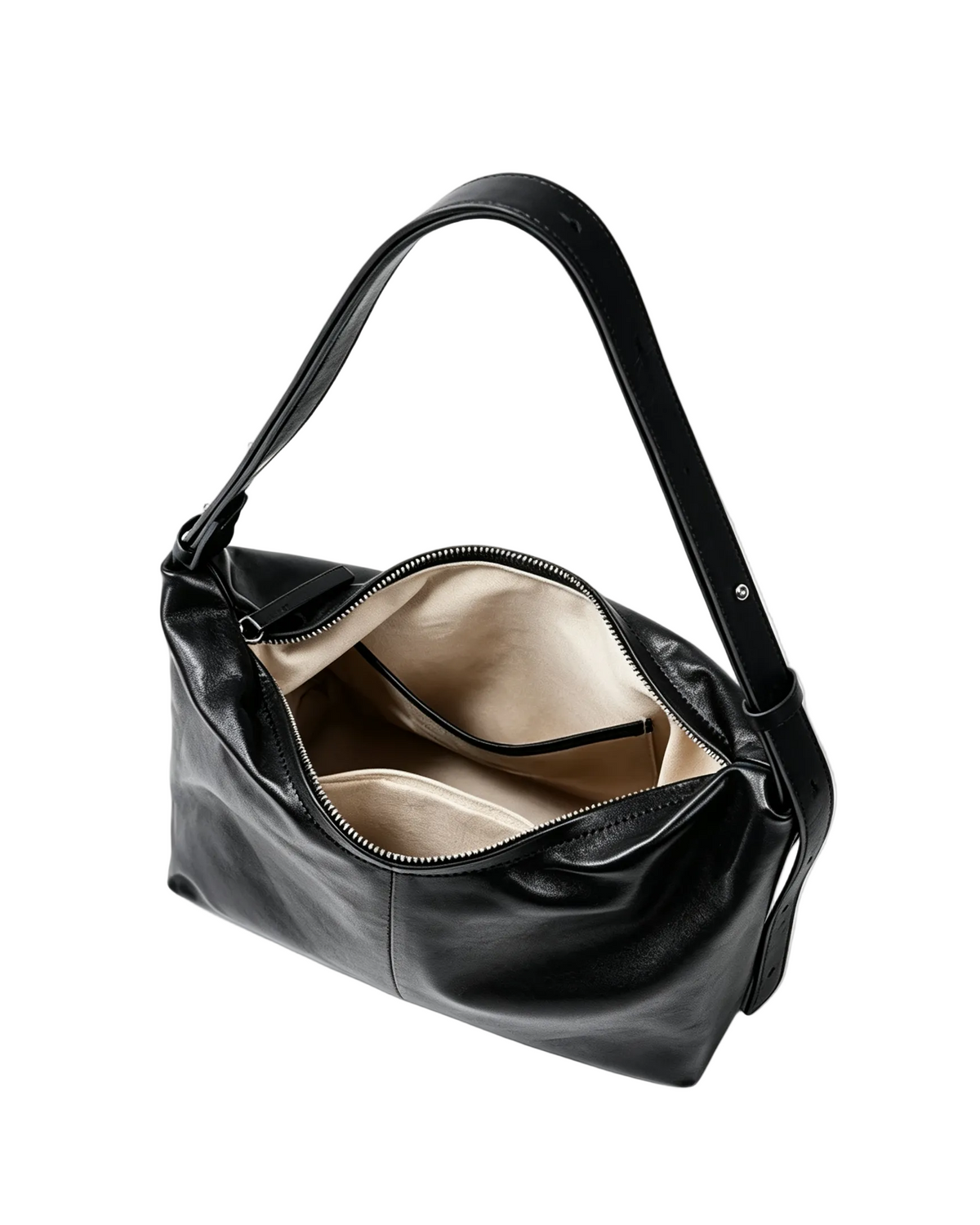 Interior view genuine sheepskin tote bag, showing zipper privacy pocket and slip compartments