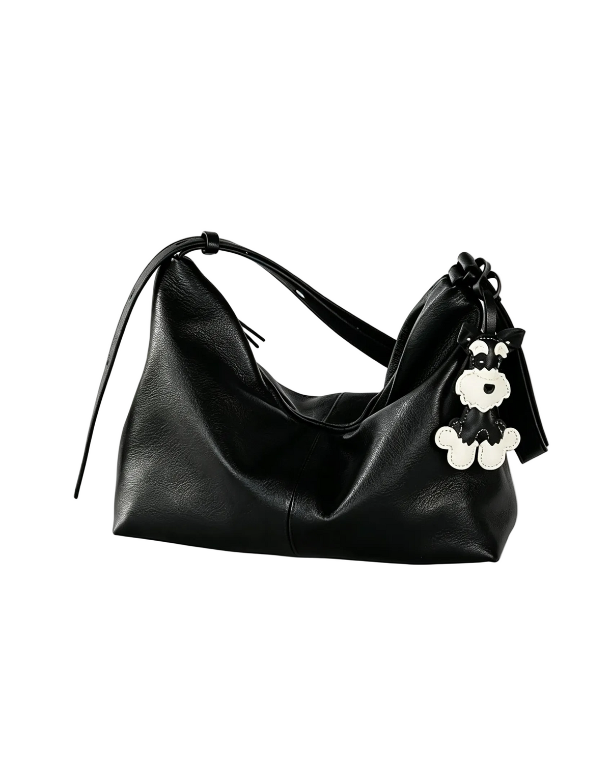 Black leather hobo bag with cute dog charm, adjustable shoulder strap, stylish women daily handbag