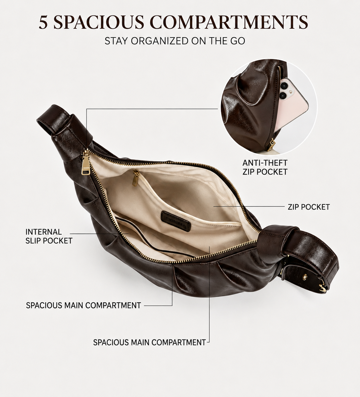 Crescent shoulder bag with spacious main compartment and multiple interior pockets