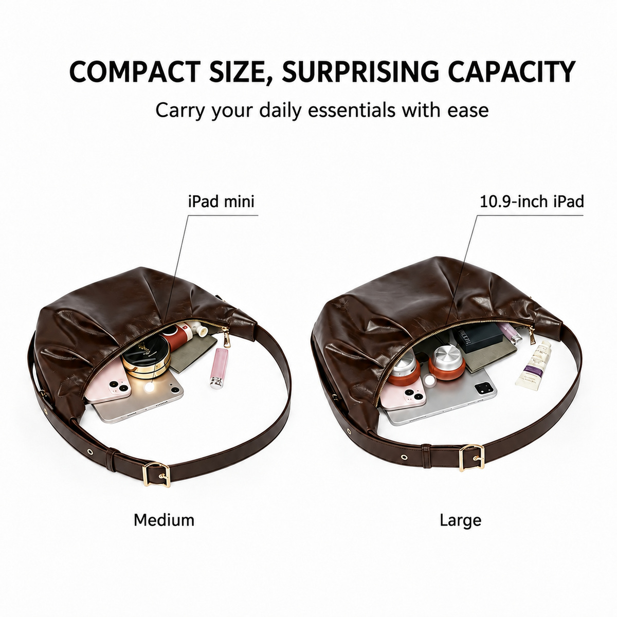 Medium and Large pleated crescent shoulder bag size comparison