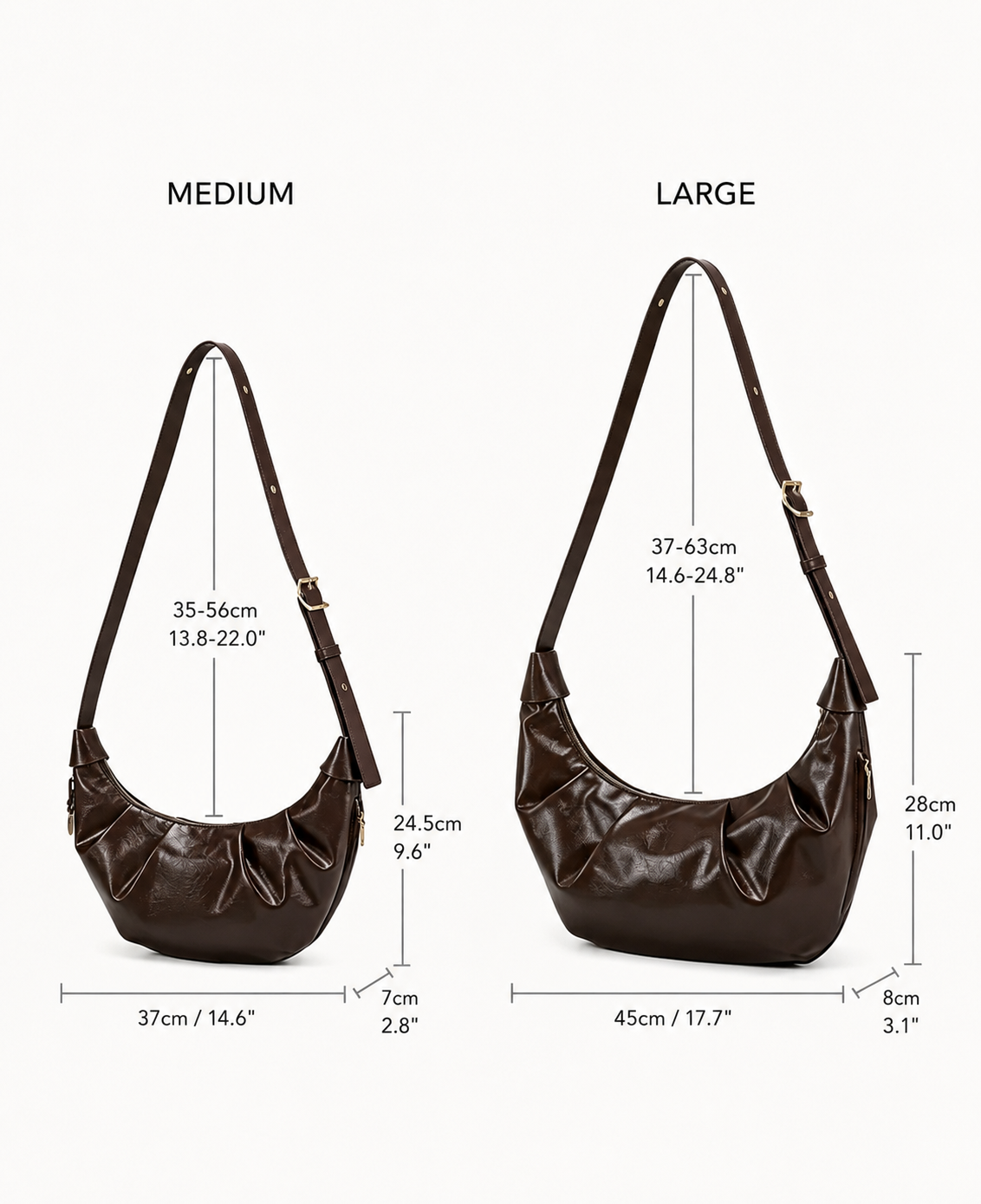 Medium and Large pleated crescent shoulder bag size comparison
